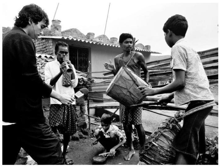 Producer Chris McGuinness recording local musicians in Goratikiri, Kashipur Orissa.